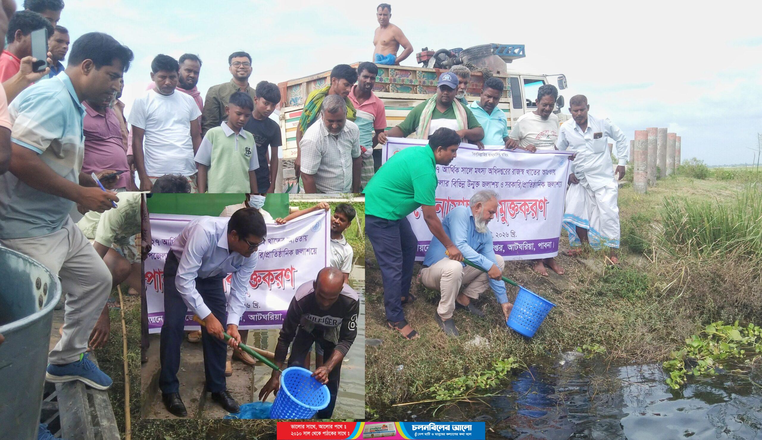 আটঘরিয়ায় বিভিন্ন উন্মুক্ত জলাশয় সরকারি/প্রাতিষ্ঠানিক জলাশয়ে পোনা মাছ অবমুক্তকরণ
